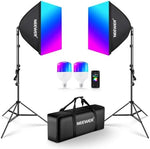 Neewer RGB Softbox Lighting Kit with App Control & 9 Effect Modes, 2 Pack 24W CE/UKCA Certified LED Bulbs CRI93+ TLCI98+, E27 Porcelain Sockets, 24" Softboxes, for Studio Photography Lighting, NK800