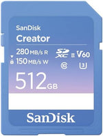 SanDisk Creator SD UHS-II SD Card, 512GB V60 Memory card, 6K & 4K UHD, read speeds up to 280 MB/s, Shock, Temperature, Water and X-Ray Proof, RescuePro Deluxe, Class 10, U3