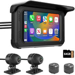 Motorcycle Dash Cam with CarPlay and Android Auto, 1080P Motorbike Camera Front and Rear, 5" Touch Screen with GPS, TPMS, Sat Nav, 64GB TF Card