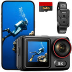 Waterproof Action Camera 5K 30FPS, Dual Touch Screen, 64MP Ultra HD underwater camera, EIS Anti-Shake Outdoor vlog camera, IMX386 12MP Sensor, 1350mAh, 64GB Card, Remote Control and Kit