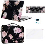 MacBook Pro 13 inch Case, Plastic Peony Hard Shell + Sleeve Bag + Keyboard Skin + Webcam Cover + Screen Protector, Black