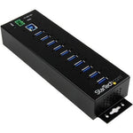 StarTech 10 Port USB Hub w- Power Adapter - Metal Industrial USB 3.0 Data Hub - Din Rail, Wall & Desk Mount USB 3.1 Gen 1 5Gbps Hub